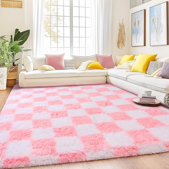 Checkered Rug for Living Room 6x9, Ultra Fluffy Fuzzy Shag Large Area Rug for Bedroom, Modern Plush Soft Upgrade Non-Slip Carpet for Kids and Girls Room Dorm Home Decor, Pink and White