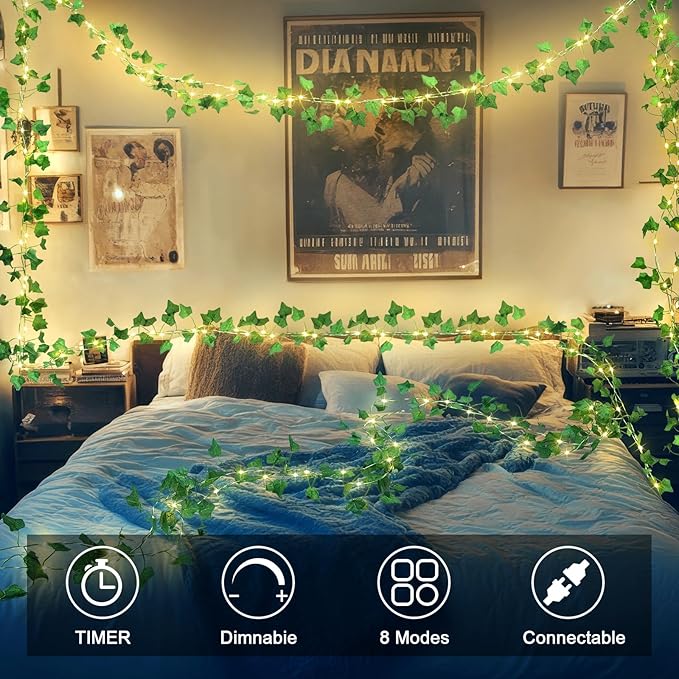 OMIKA Vine with Fairy Lights Plug in, 66FT 200 LED Ivy String Lights Connectable with Remote, Leaf Light Waterproof for Bedroom, Room, Wall, Garden, Party, Wedding Decor (Warm White)