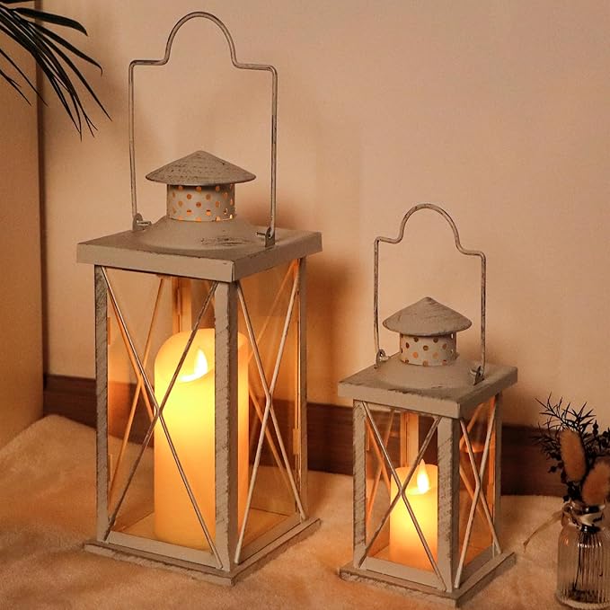 TRIROCKS 16'' & 11" H Decorative Candle Lanterns Set of 2 Hanging Lantern Vintage Metal Candle Holder with Tempered Glass for Indoor Outdoor Home Decor Parties Garden Wedding(White with Silver Brush)