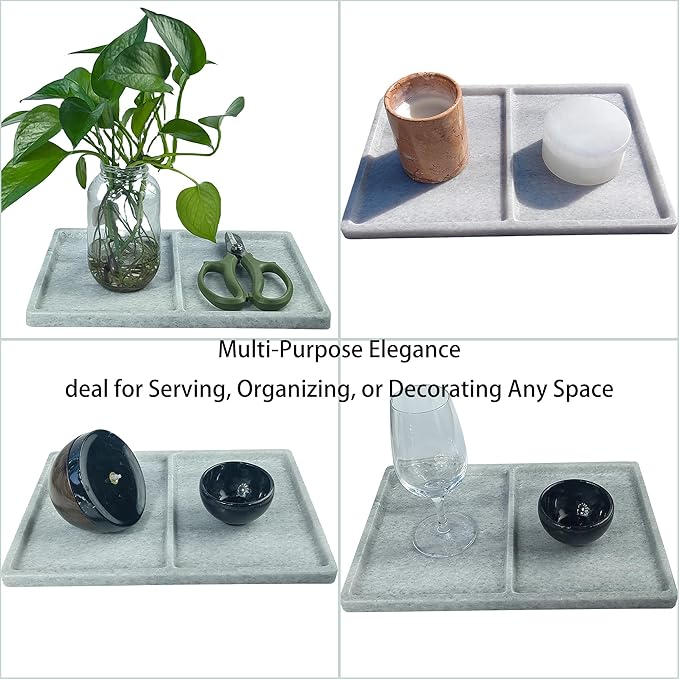 10"x8" Natural Marble Decorative Tray – Dual‑Compartment Stone Vanity Organizer for Jewelry, Keys & Soap – Premium Heat‑Resistant Bathroom Decor Gift(Belken White)