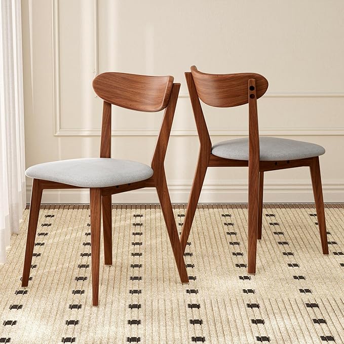 100% Solid Oak Wood Dining Chairs,Mid Century Modern Dining Chairs with Upholstered Cushion,Kitchen,Dining Room Chairs Set of 2 (2, Walnut Color Grey Upholstery)