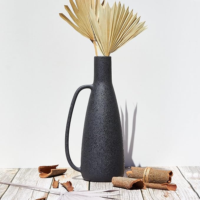 BlossoME Black Vases Home Decor, 13 Inch Tall with Handle, Matte Rustic Pottery Table Vessel, Large Jug Centerpiece, Living Room Modern Decor