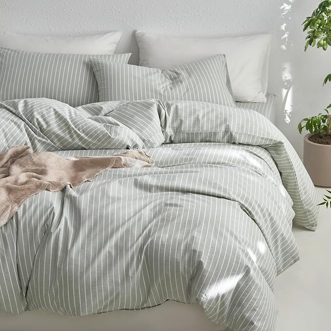 MooMee Striped Duvet Cover Set 100% Washed Cotton Linen Like Textured Breathable Durable Soft Comfy (Sage Green White Wide Stripes, King 104"x90")