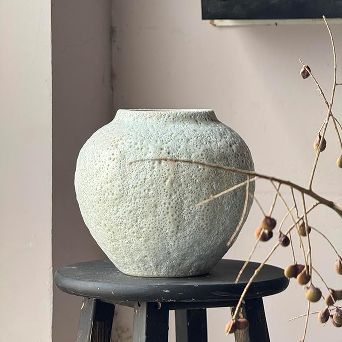 Denique Rustic Ceramic Tall Floor Vase, Vintage Farmhouse Decor - Large Terracotta Vases for Living Room Entryway Centerpiece (White-7.87inch Height)