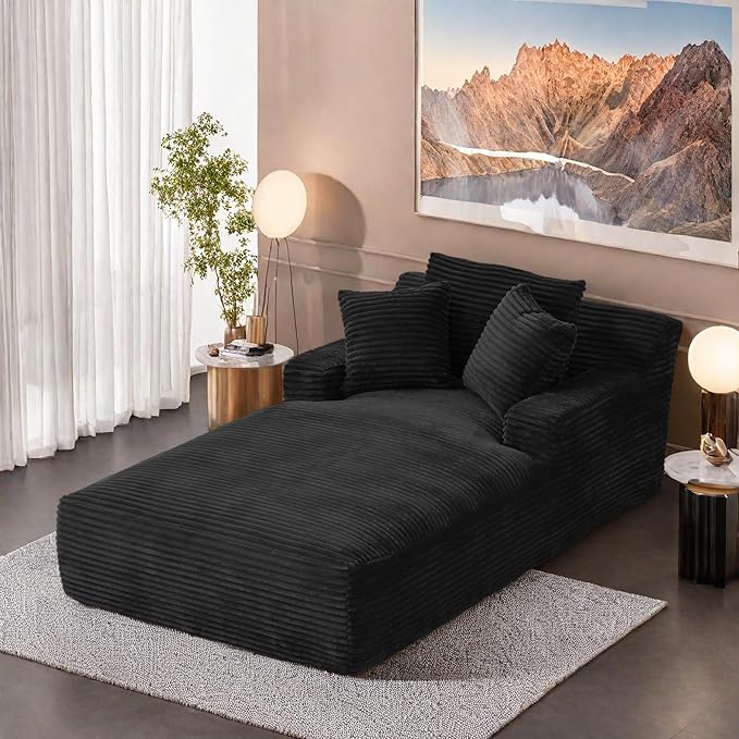 78.7” Chaise Lounge Chair Indoor, Corduroy Upholstered Boneless Sofa Bed with Throw Pillows, Comfy Lounge Sleeper Sofa with Deap Seat for Living Room Bedroom, No Assembly Required, Black