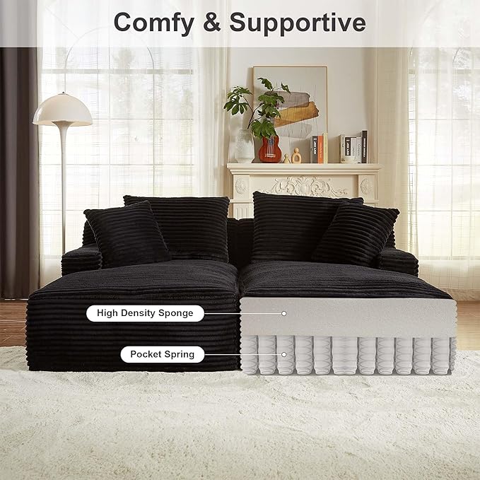 GNIXUU 78.8" Oversized Double Boneless Chaise Lounges Sofa Indoor, Comfy Modern Corduroy Compressed Cloud Couch, Upholstered Sleeper Loveseat Bed for Living Room Bedroom Apartment(Black)