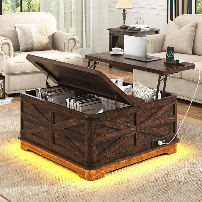 36" Farmhouse LED Lift Top Coffee Table with Storage and Power Outlets, Square Wood Living Room Tables with LED Lights & Large Hidden Space, Lift Wooden Barn Door Center Table, Brown