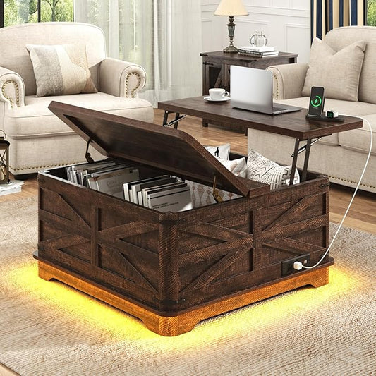 36" Farmhouse LED Lift Top Coffee Table with Storage and Power Outlets, Square Wood Living Room Tables with LED Lights & Large Hidden Space, Lift Wooden Barn Door Center Table, Brown