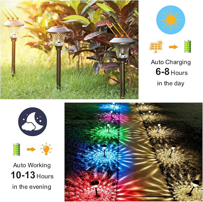 BEAU JARDIN 8 Pack Solar Pathway Lights Outdoor Solar Powered Lights Waterproof Glass for Garden Landscape Path Yard Walkway Patio Driveway Outside Cool White Color Changing Fixed Color Bronze