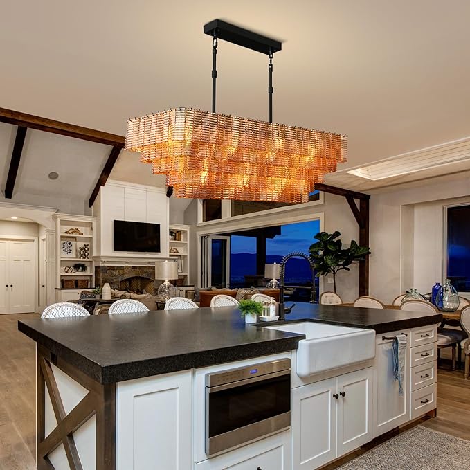 Rectangular Large Chandelier for Dining Room, 59" Black Pendant Light Fixture Over Kitchen Island, Linear Chandelier with Adjustable Height, Amber Glass Chandeliers for Dining Table & Living Room