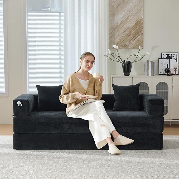 Convertible Floor Sofa Bed with Storage Pocket, Chenille Folding Mattress Sofa with Zipper Closure, Floor Lounge Couch for Living Room, Bedroom, Studio -Chenille Black