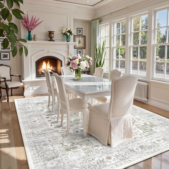 LIVEBOX Washable Area Rug 8x10 - Large Beige Vintage Tribal Living Room Rug Oriental for Bedroom, Non-Slip Retro Medallion Carpet Print Distressed for Dining Room Guest Office