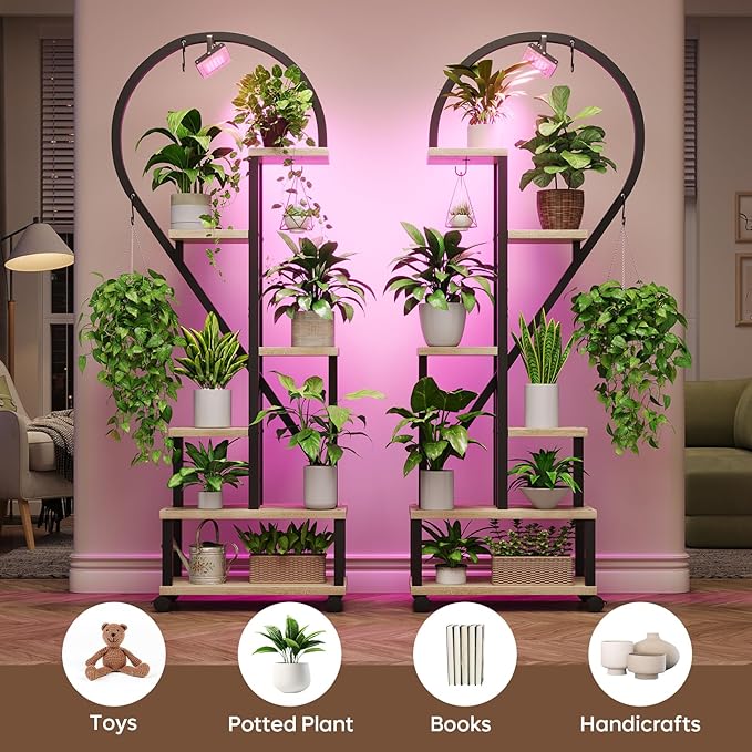 Bestier Plant Stand Indoor with Grow Lights, 6 Tiered Metal Plant Shelf for Indoor Plants Multiple, Half Heart Shape Plant Rack with Wheels, Large Plant Holder for Home Patio Balcony (2 Pcs, Oak)