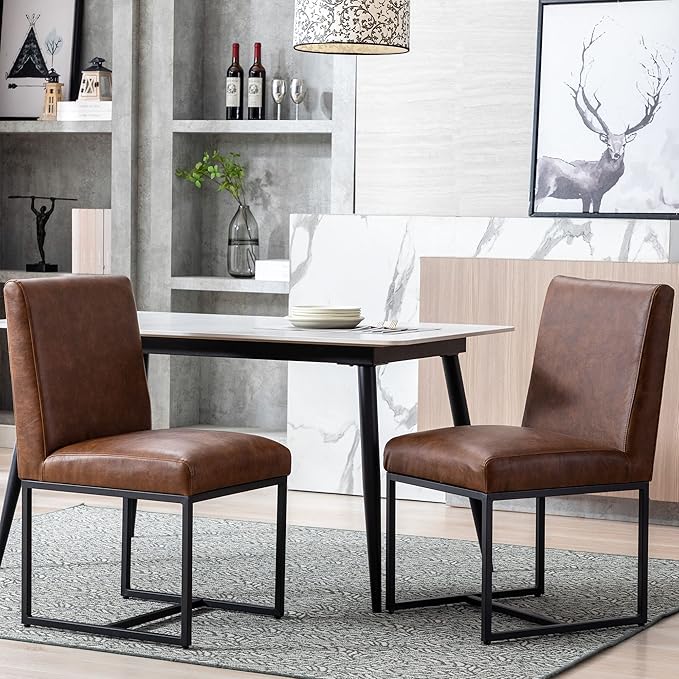 VESCASA Faux Leather Upholstered Dining Chairs with Black Metal Frame, Mid Century Modern Padded Kitchen Chair with Adjustable Foot Pads for Restaurant, Dining Room, Set of 2, Brown