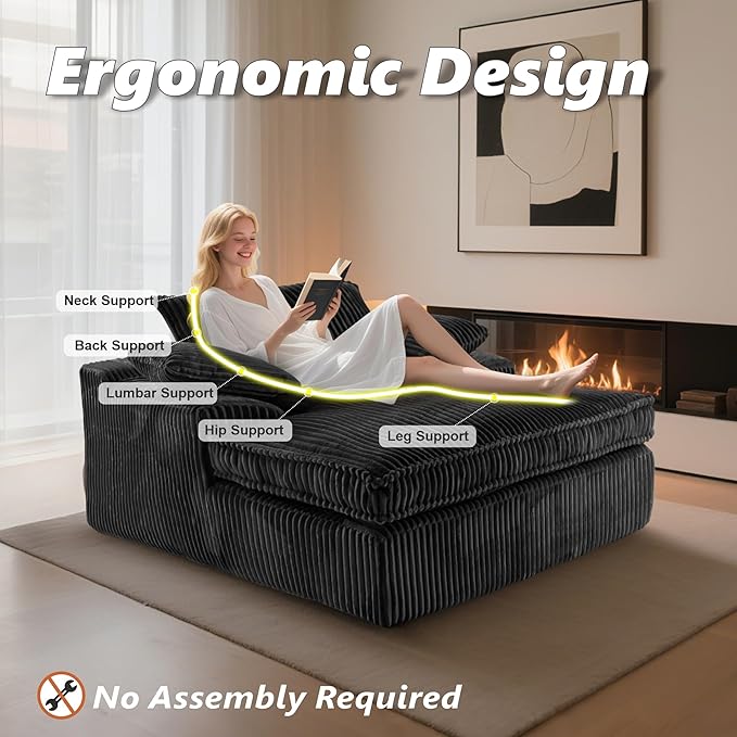 Oversized 67" Chaise Lounge Chair Indoor, Corduroy Upholstered Deep Seat Sofa Couch, Cloud-Soft Boneless Lounger, Comfy Reading Chairs for Living Room & Bedroom, No Assembly Required (Black)