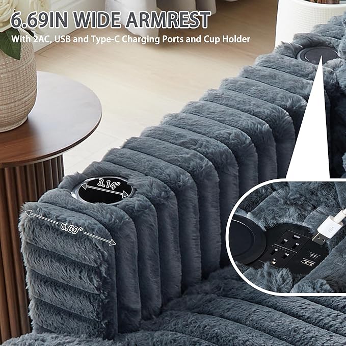 RARZOE 64'' Oversized Chaise Lounge Chair Indoor, Plush Faux Rabbit Fur Sleeper Sofa Bed with 4 Pillows, Charging Station & Cup Holders, Fluffy Comfy Cloud Couch Loveseat Sofa for Living Room,Grey