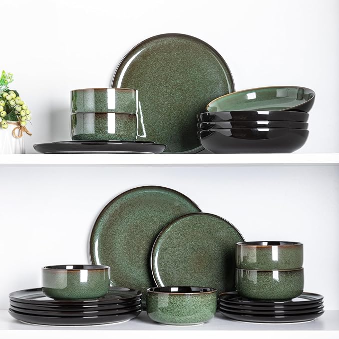 LeRatio Ceramic Dinnerware Sets,12-Piece Plates and Bowls,Handmade Reactive Glaze Dishes Set,Chip Resistant and Scratch Resistant | Oven Dishwasher & Microwave Safe,Service for 4-Green
