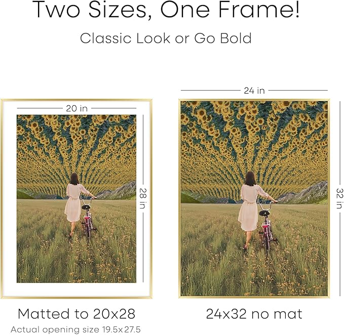 Homeforia 24x32 Poster Frame Gold, High End Metal 24 x 32 Large Picture Frames with Mat 20 by 28 for Photo, 24x32 Gold Frame Matted to 20x28 inch Print, 32x24 Frame, Tempered Glass, Wall Kit, Set of 2
