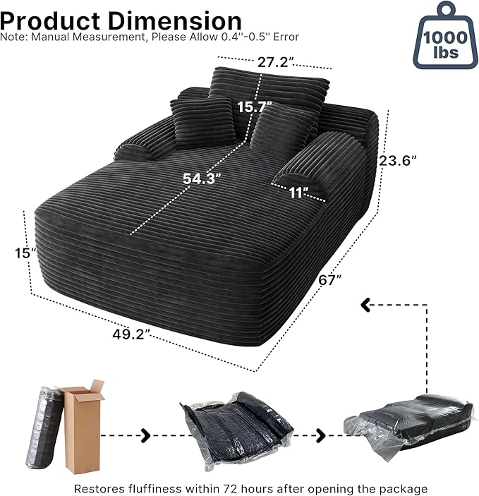 67" Oversized Chaise Lounge Chair Indoor, Comfy Sleeper Sofa Bed, Grey Plush Corduory Couch for Living Room Bedroom,Sofa in A Box,No Assembly Required.