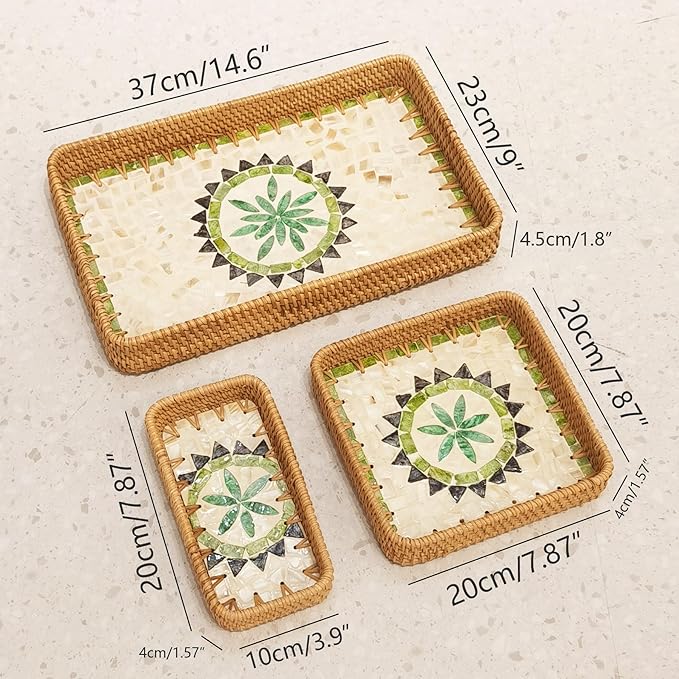 i-lan Set of 3 15" Rattan Woven Serving Tray Basket with MOP Wooden Base and Handles, Boho Wicker Coffee Table Décor Serving Tray with 2 Inch Wall, Handmade Display Basket for Everywhere