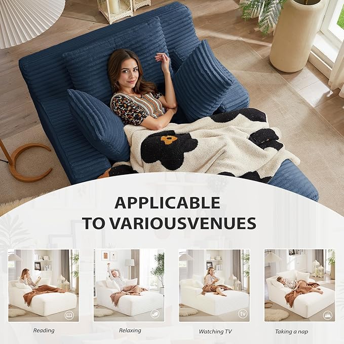 Oversized Chaise Lounge Chair Indoor, Corduroy Sofa Bed with Throw Pillows, Cozy Cloud Couch, Upholstered Sleeper Sofa Couch for Living Room, Bedroom, Apartment, Blue