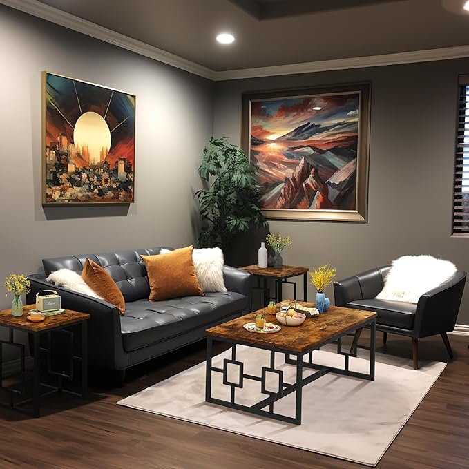 Recaceik Rectangle Coffee Table and End Table Set of 3, Modern Vintage Dark Brown Coffee Table and Side Table for Living Room, Office, Apartment, Small Space