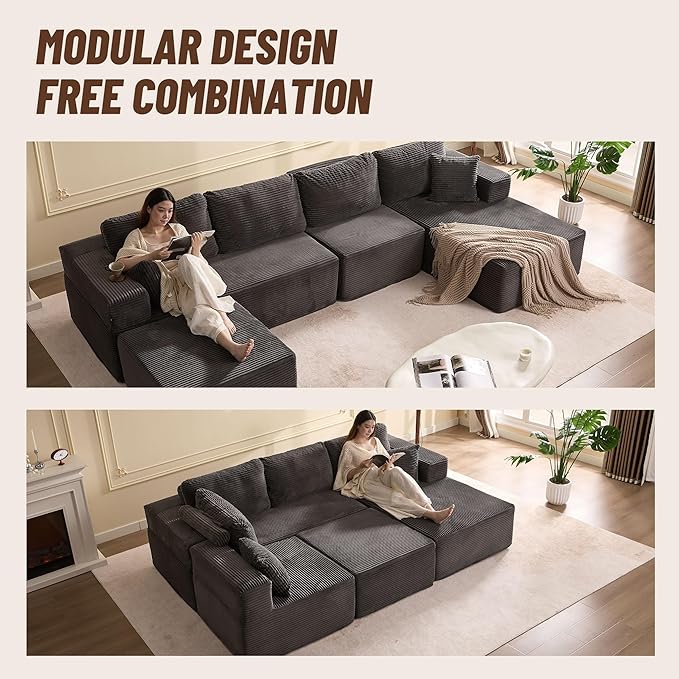 138" Boneless Couch with Deep Seat, Modular Sectional Sofa, Cloud Sectional Couch for Living Room, No Assembly Required, Corduroy, U-Shape 4 Seater Right, Gray