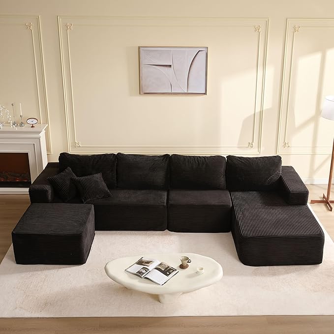 138" Boneless Couch with Deep Seat, Modular Sectional Sofa, Cloud Sectional Couch for Living Room, No Assembly Required, Corduroy, U-Shape 4 Seater Right, Black
