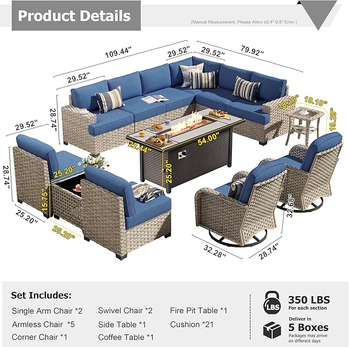 HOOOWOOO Outdoor Sectional Patio Furniture Set with Fire Pit Table,13 Pieces Wicker Conversation Sets L Shaped Couch,Extra Deep Out Door Sofa Outside Furniture with Swivel Chairs,Denim Blue