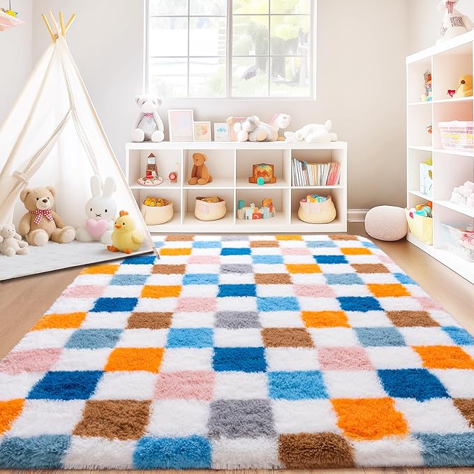 Checkered Rug for Living Room 8x10, Ultra Fluffy Fuzzy Shag Large Area Rug for Bedroom, Modern Plush Soft Upgrade Non-Slip Carpet for Kids Girls and Boys Room Dorm Home Decor, Colorful