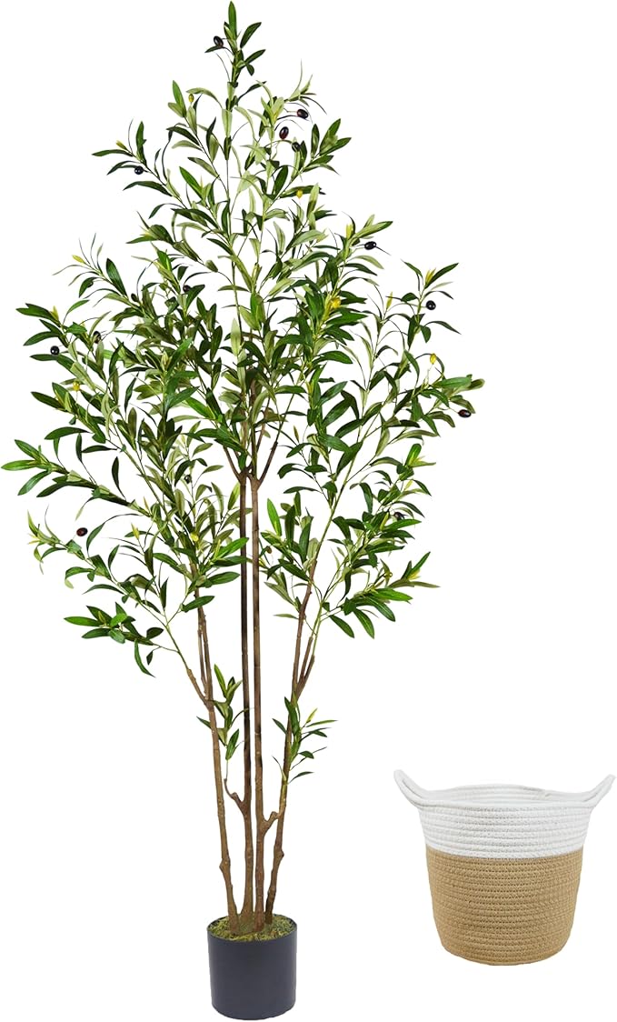 6ft (71”) Artificial Olive Tree, Tall Fake Olive Plant with Basket, Faux Olive Silk Tree for Mordern Indoor Home Livingroom Office Floor Corner Décor