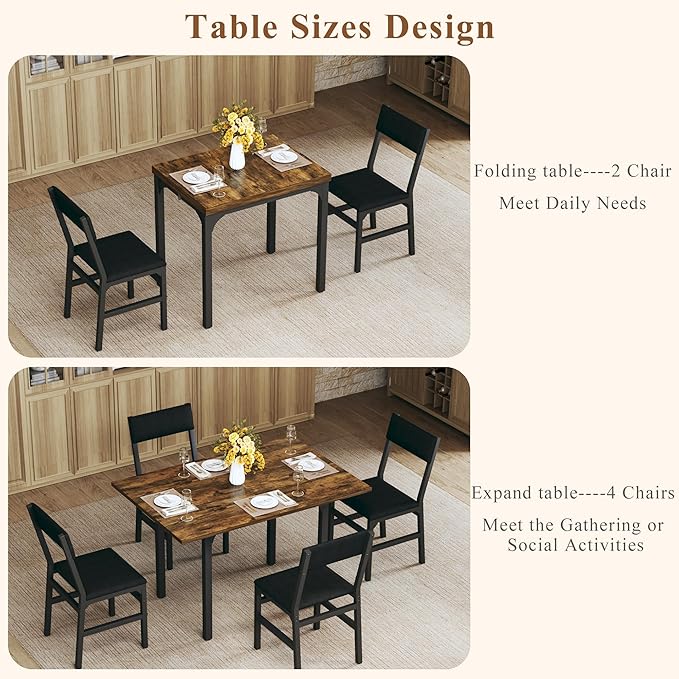 Dining Table Set for 4, Extendable Kitchen Table Cushion Chairs Set of 4, Rectangle Dining Table with Metal Frame & MDF Board, Folding for Small Apartment Saving Space, Rustic Brown