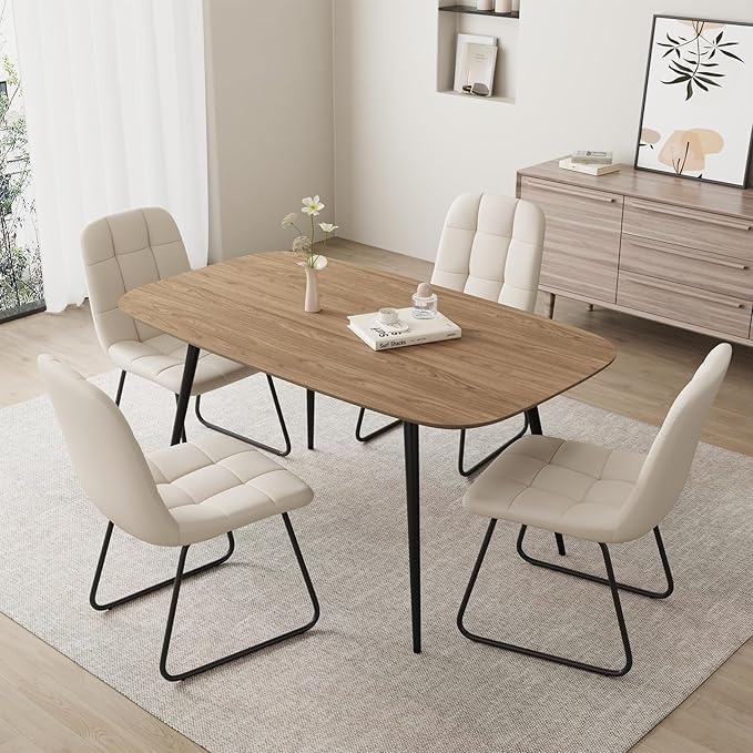 55.1'' Dining Table Set for 4,Modern Wood Dining Table,Leather Dining Chairs 4,Table and Chairs Set of 4,Ideal for Kitchen Dining Room (Walnut Color Table + 4 U-Shaped White Chairs, 55.1")