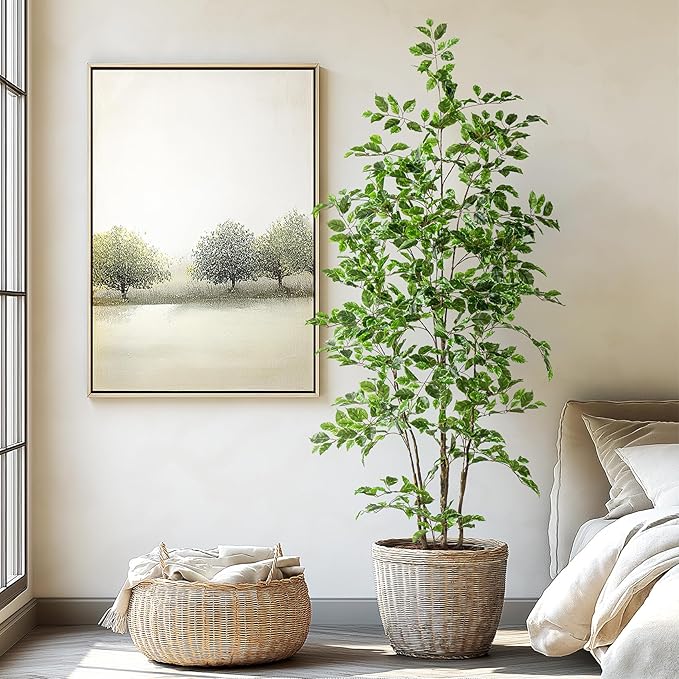 Artificial Ficus Tree Indoor 6ft, Large Potted Faux Tree with Realistic Silk Leaves & Trunk for Home Office, Living Room Corner Decor