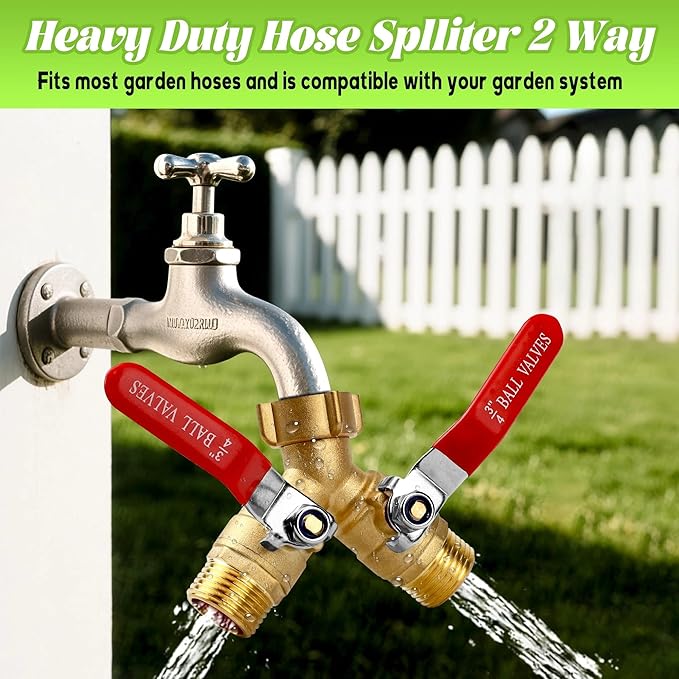 Garden Hose Splitter 2-Way, Heavy-Duty Brass Hose Splitter with Stainless Steel Long Handle, 3/4-inch GHT Thread Garden Hose Y-Splitter 2-Way, Includes 2 Extra Washers and 1 Roll of Tape