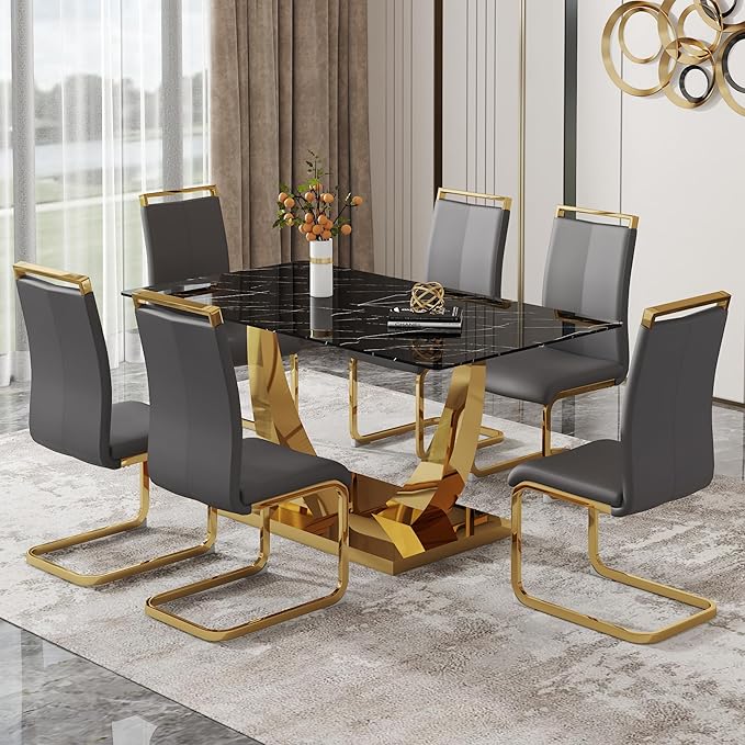 63” Dining Room Table Set for 6,Modern Gold Dining Table Set for 6, Rectangle kitchen Table Set With PU Leather Chairs,Black Faux Marble Dinner Table Set with Tempered Glass Top and Golden Base