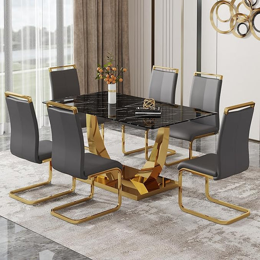 63” Dining Room Table Set for 6,Modern Gold Dining Table Set for 6, Rectangle kitchen Table Set With PU Leather Chairs,Black Faux Marble Dinner Table Set with Tempered Glass Top and Golden Base