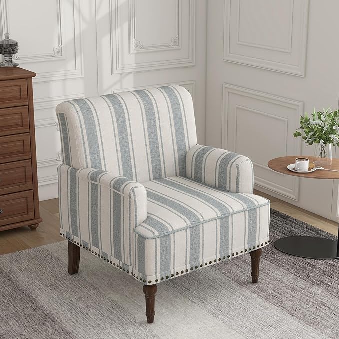 Lumibee Modern Accent Chair with Arms,Mid Century Stripe Armchair for Living Room,Comfy Linen Fabric Single Sofa for Apartment Bedroom,Comfortable Cushioned Seat for Reading Home Office-Blue Stripe