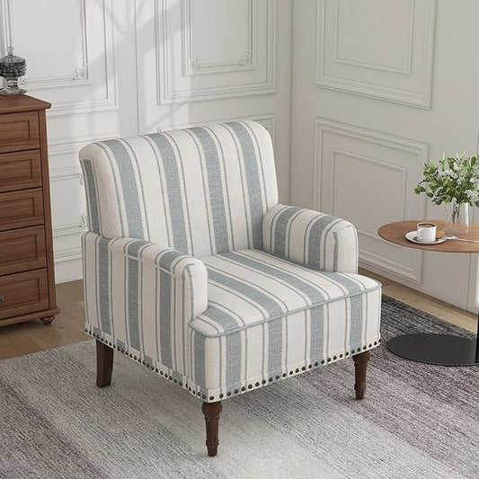 Lumibee Modern Accent Chair with Arms,Mid Century Stripe Armchair for Living Room,Comfy Linen Fabric Single Sofa for Apartment Bedroom,Comfortable Cushioned Seat for Reading Home Office-Blue Stripe