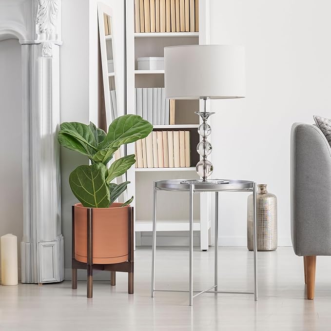 D'vine Dev Terracotta Planter with Walnut Color Stand - 10 Inch Modern Round Flower Pot with Wood Planter Holder, Terracotta, 55-B-X-5