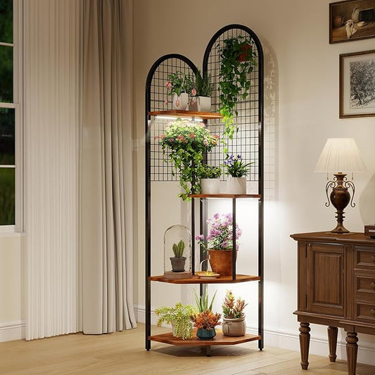4-Tier Plant Stand with Grow Lights, 63in Tall Corner Shelf for Indoor Plant, 3-Color Adjustable Full-Spectrum Light, Multifunctional Flower Display Rack for Living Room, Patio, Hallway, Black