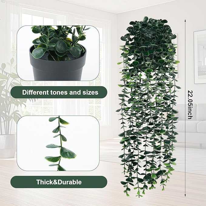 Artificial Hanging Eucalyptus Plants，Fake Plant Eucalyptus Small Decor Faux Hanging Vine Plants Wall Greenery for New Home Decoration，for Floating Shelf Indoor Outdoor