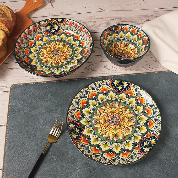 YA JU Mandala Dinnerware Sets (12 Pcs) Serves 4, Buffet Dinnerware, Boho Plates and Bowls Dish Set with 8" salad Plate 8" Dessert Plate 4.8" bowl, apply Casual dining Indoor Outdoor Dining Party