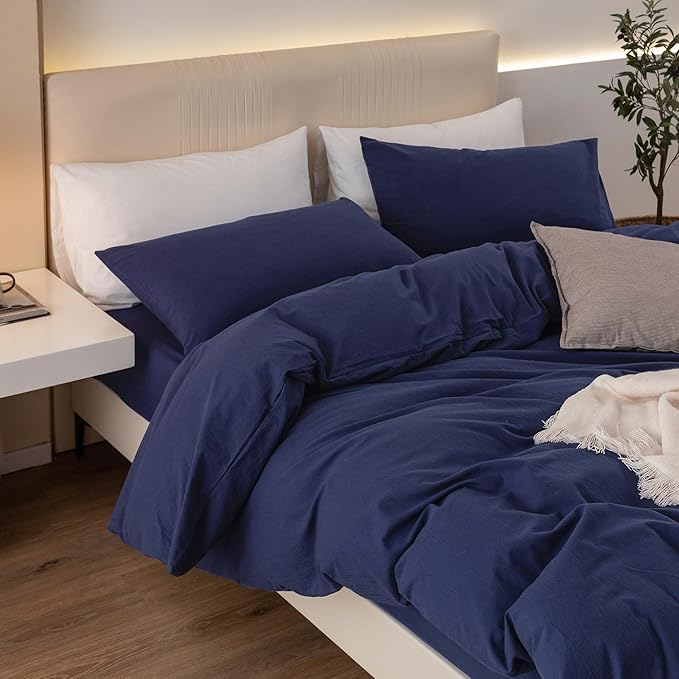 JIYUAN 100% Washed Cotton Duvet Cover Set 3 Pieces Cal King, 1 Duvet Cover 104x98 Inches(Comforter Not Included) and 2 Pillowcases,Linen Feel Bedding Set Comfy and Breathable,Navy Blue