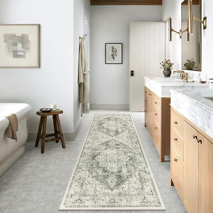 LIVEBOX Sage Green Runner Rug Non-Slip 2.5x8 - Oriental Bedroom Rugs Long Hallway Rugs for Home Decor, Low-Pile Vintage Carpet for Bathroom, Non-Slip Soft Carpet Throw Rug for Laundry Room
