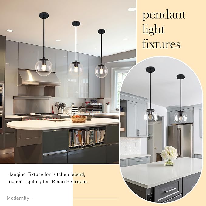 6 Inch Globe Pendant Light Black Mid Century Pendant Light Clear Glass Pendant Lights Kitchen Island Mid Century Adjustable Hanging Farmhouse Pendant Lights Fixtures for Kitchen Island