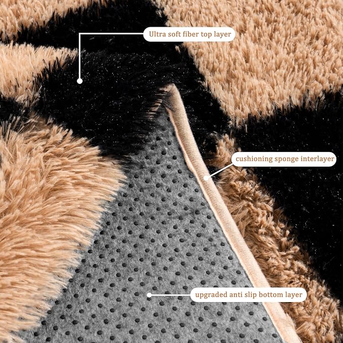 Checkered Rugs for Bedroom, Ultra Fluffy Fuzzy Shag Area Rug for Living Room 5x7, Modern Plush Soft Upgrade Non-Slip Carpet for Kids Girls and Boys Room Dorm Nursery Home Decor, Black and Beige