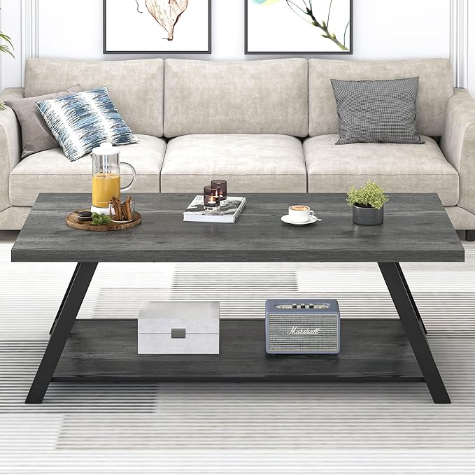 EXCEFUR Coffee Table, Industrial Wood and Metal Center Table for Living Room, Rectangle Cocktail Tea Table with Storage Shelf, Rustic Grey, 47 Inch