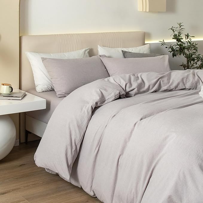 JIYUAN 100% Washed Cotton Duvet Cover Set 2 Pieces Twin, 1 Duvet Cover 68x90 Inches(Comforter Not Included) and 1 Pillowcases,Linen Feel Bedding Set Comfy and Breathable, Heathered Linen