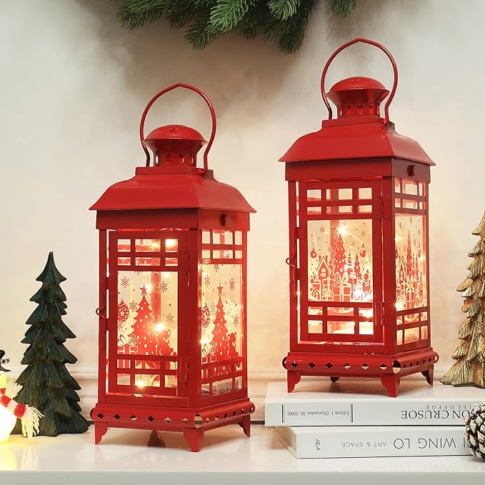 DECORKEY Christmas Decorations Outdoor&Indoor, 2PCS Red Decorative Candle Lanterns with Christmas Tree & Gift Box Patterns for Home Porch Centerpiece Table Decor Gift